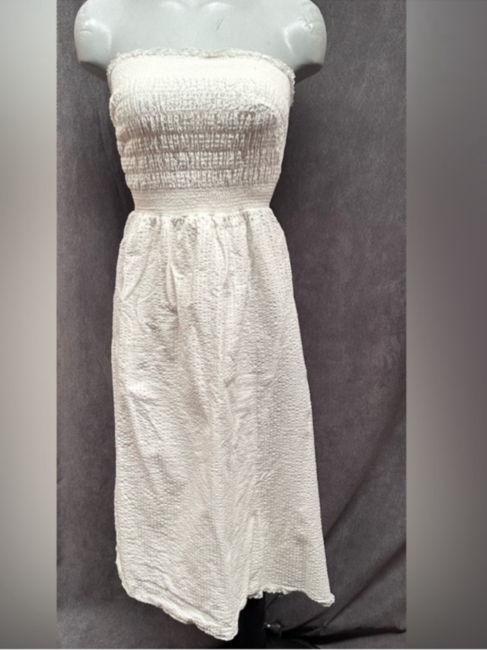 Vintage sun dress smocked bodice strapless white cotton women’s